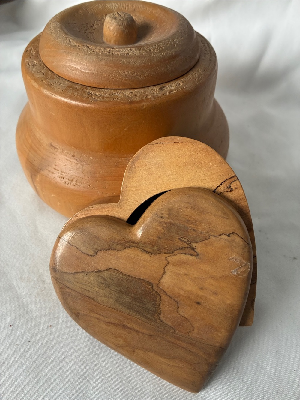 Wooden Lidded Container & Wood Heart Trinket Box - Honey Brown Wood Chestnut?